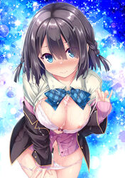 areolae black_hair blue_eyes blush bow bowtie bra bra_pull braid breasts cleavage cum cum_on_body cum_on_breasts cum_on_hair cum_on_upper_body female hair_ribbon large_breasts looking_at_viewer nipple_slip nipples open_mouth original panties panty_pull pussy_juice ribbon ryo school_uniform short_hair solo twin_braids unbuttoned underwear white_bra white_panties