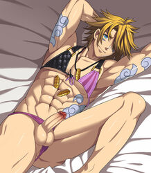 1boy abs armpits arms_up bed bed_sheet blonde_hair blue_eyes bullet cum erection ezreal hata_ichi league_of_legends lying male male_focus male_only muscle necklace nipples penis smile solo spiked_hair tattoo testicles underwear