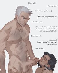 2boys after_fellatio age_difference black_hair cole_cassidy cum cum_on_face cum_on_lips facial francishsie gay holding_penis male male_focus male_only multiple_boys nude orgasm_from_oral overwatch pecs penis scar silver_hair soldier_76 thick_penis yaoi