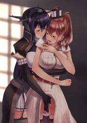 2girls arm_around_waist black_gloves black_hair blush breast_pocket breasts brown_hair closed_eyes dress dress_lift fingering fingerless_gloves garter_straps gloves hair_between_eyes headgear itsuwa_(continue) kantai_collection large_breasts lesbian long_hair masturbation miniskirt multiple_girls mutual_masturbation nagato_(kantai_collection) panties panty_pull pleated_skirt pocket ponytail remodel_(kantai_collection) saratoga_(kantai_collection) side_ponytail skirt smokestack_hair_ornament thighhighs underwear white_dress white_panties yuri