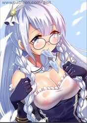 1girls artist_name azur_lane bangs bare_shoulders black_gloves blue-framed_eyewear blue_dress blue_eyes blue_neckwear blush bow braid breasts cleavage detached_collar dress edinburgh_(azur_lane) elbow_gloves eyebrows_visible_through_hair female frilled_dress frills glasses gloves go-it hairbow hands_up large_breasts light-skinned_female light_skin long_hair looking_at_viewer mouth_hold neckerchief nipples round_eyewear round_teeth royal_navy_(azur_lane) see-through shiny shiny_hair shiny_skin signature solo sparkle strapless strapless_dress tareme teeth twin_braids upper_body very_long_hair water_drop watermark web_address wet wet_clothes wet_dress white_bow