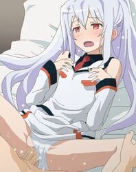 1boy aliasing bare_shoulders blush censored clothed_female_nude_male collarbone detached_sleeves dress dress_lift eyebrows_visible_through_hair female isla_(plastic_memories) missionary mosaic_censoring necktie nude open_mouth panties panties_aside penis plastic_memories pussy red_eyes revision silver_hair sleeves solo_focus spread_legs straight sweat tomu_(tomubobu) underwear