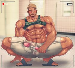 1boy abs bara blonde_hair blush body_hair bulge camera crotch cum drooling erection facial_hair feet full_body male_focus male_only muscle penis presenting recording saliva sandals sex_toy sweat testicles toes toto_(artist)