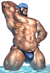 1boy abs archie_(pokemon) bara beard bulge crotch facial_hair flaccid male male_focus male_only muscle pokemon pokemon_oras pokemon_rse rybiok smile solo tagme team_aqua topless