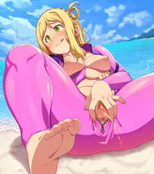 barefoot beach blonde_hair blush braid breasts censored cloud collarbone exposed_breasts eyebrows_visible_through_hair feet female green_eyes hair_rings leaning_back long_sleeves love_live! love_live!_sunshine!! medium_breasts nipples nose_blush ohara_mari oribi peeing pubic_hair pussy sitting sky soles solo spread_legs spread_pussy toes unzipped water wetsuit zipper