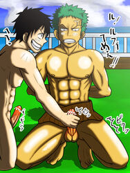 2boys erection evil_grin gay grin handjob kneeling male male_focus male_only mayugeyama monkey_d_luffy multiple_boys nude one_piece penis questionable_consent restrained reverse_forced_handjob roronoa_zoro scar teeth yaoi