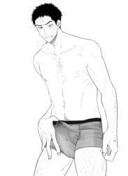 1boy blush body_hair bulge crotch cum katsuya_serizawa male_focus mob_psycho_100 solo sweat tagme tasuku topless underwear