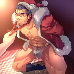 bara blush bulge christmas crotch male_focus male_only muscle precum restrained rybiok socks solo_focus sweat tagme underwear