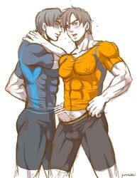 2boys abs blush erection gay male_focus male_only multiple_boys muscle pecs penis sweat undressing wii_fit wii_fit_trainer yaoi yunisuke