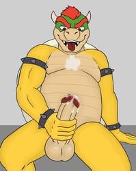 2021 anthro bara bodily_fluids bowser breath cum edging erection genital_fluids hi_res kinktober lewd_latte male male_only mario_(series) masturbation nintendo panting precum resting_arm sitting solo video_games