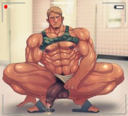 1boy abs bara blonde_hair blush body_hair camera cum facial_hair feet foreskin full_body large_penis male_focus male_only muscle penis presenting recording sandals sweat testicles toes toto_(artist) undressing