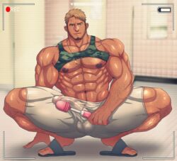 1boy abs bara blonde_hair body_hair bulge camera crotch erection facial_hair feet full_body male_focus male_only muscle penis presenting recording sandals sex_toy testicles toes toto_(artist)