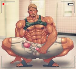 1boy abs bara blonde_hair blush body_hair bulge camera crotch cum drooling erection facial_hair feet full_body male_focus male_only muscle penis presenting recording saliva sandals sex_toy sweat testicles toes toto_(artist)