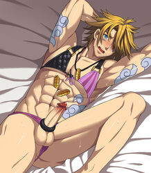 1boy abs armpits arms_up bed bed_sheet blonde_hair blue_eyes blush bullet cum erection ezreal hata_ichi league_of_legends lying male male_focus male_only muscle necklace nipples penis precum solo spiked_hair sweat tattoo testicles underwear