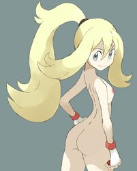 ass blonde_hair blue_eyes breasts edit female fingerless_gloves gym_leader korrina_(pokemon) nintendo nipples nude nude_filter photoshop pokemon pokemon_xy ponytail souji source_request