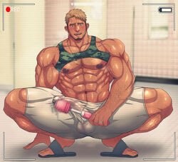 1boy abs bara blonde_hair blush body_hair boxer_briefs bulge erection hairy_legs male male_focus male_only muscle necklace nipples pecs precum recording sandals sex_toy shirt_lift slippers smile squatting steam sweat toto_(artist) vibrator yellow_eyes