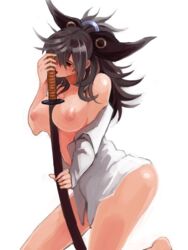 1girls between_breasts breasts doudanuki_masa female grayterre highres large_breasts licking licking_weapon long_hair looking_down naked_shirt nipples off_shoulder red_eyes shinken!! shirt simple_background solo sword weapon white_background