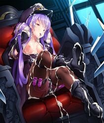 ass boots breasts cum facial female female hat lilith-soft looking_at_viewer nipples no_bra noel_renoir potion_(moudamepo) purple_hair red_eyes sex_toy shorts sitting smile sword taimanin_(series) taimanin_asagi taimanin_asagi_battle_arena uniform vibrator