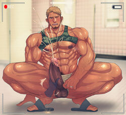 1boy abs bara blonde_hair blush body_hair cum cumdrip erection foreskin hairy_legs hairy_testicles male male_focus male_only masturbation muscle necklace nipples pecs penis penis_grab recording sandals sex_toy shirt_lift slippers squatting steam sweat tears testicles toto_(artist) wince yellow_eyes