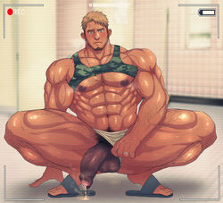 1boy abs bara blonde_hair blush body_hair cum cumdrip erection foreskin hairy_legs hairy_testicles male male_focus male_only muscle necklace nipples pecs penis recording sandals sex_toy shirt_lift slippers squatting steam sweat testicles toto_(artist) yellow_eyes