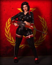 1girls 3d assault_rifle bare_midriff beret brown_hair command_and_conquer communism female female_only female_sniper flag front_view full_body holding_weapon jacket medium_hair midriff natasha_volkova pose posing rasmus-the-owl red_alert_(video_games) red_alert_3 red_background red_lipstick rifle shorts smirk smug sniper sniper_rifle soldier solo solo_female soviet standing svd thick_thighs thigh_boots thigh_gap thigh_highs thighhigh_boots weapon