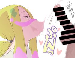 1boy 1girls after_oral blonde_hair censored clothed_female_nude_male comic crying fellatio female human human_only matsurika_(pokemon) mina_(pokemon) nintendo nude_male oral penis pokemon pokemon_sm ponytail saliva straight sucking tears text translation_request