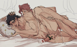 2boys anal anal_sex cum cum_in_ass cum_inside hair_grab jojo's_bizarre_adventure jotaro_kujo leg_lift noriaki_kakyoin nude on_side penis penis_ribbon stardust_crusaders tears tomasu yaoi