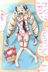 beach blonde_hair bondage bound bound_arms bound_legs crotch_rope egg_vibrator elise_(fire_emblem) elise_(summer)_(fire_emblem) fire_emblem flat_chest forced_orgasm gag gagged haroldsama heart-shaped_pupils long_hair rope swimsuit tape tape_gag taped_mouth text tied_up very_long_hair vibrator