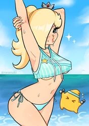 1girls 1other ambiguous_gender armpits arms_up beach bikini blonde_hair blue_eyes breasts female female_focus hair_over_one_eye lipstick looking_at_viewer luma mario_(series) nintendo outdoors ponytail princess_rosalina raranuki solo standing stretching super_mario_galaxy tied_hair underboob white_skin