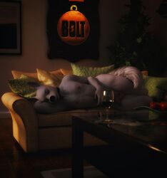 2017 3d alcohol anthro anthrofied ass balls beverage big_butt bolt_(character) bolt_(film) canine digital_media_(artwork) disney flaccid fur german_shepherd hi_res looking_at_viewer male male_only mammal nipples nude penis simple_background slim solo thick_thighs white_fur white_german_shepherd white_shepherd wide_hips wine xrayzebra4