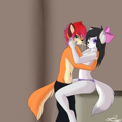 anthro bloodymisslucy bow canine couple duo female hairbow interrupted kissing male panties saliva_trail straight topless underwear wolf