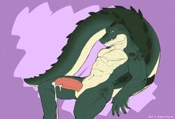 agito-savra animal_genitalia anthro big_penis big_tail crocodile crocodilian genital_slit green_skin leaking male male_only muscular nude pecs penis precum reptile sackless scalie sean_kelley simple_background sitting slit smile solo