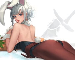 animal_ears ass battle_bunny_riven blue_eyes bunny_ears bunnygirl bunnysuit cherrylich cropped league_of_legends pantyhose riven short_hair tagme white_hair