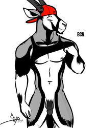 2017 antelope anthro athletic backwards_baseball_cap balls baseball_cap bgn biped bottomless clothed clothing clothing_lift digital_media_(artwork) eyebrows flaccid front_view glans greyscale hat horn humanoid_penis jamie_the_oryx male male_only mammal monochrome navel nipples oryx partially_clothed pecs penis portrait shirt shirt_lift signature simple_background smile snout solo spot_color standing tank_top three-quarter_portrait url white_background