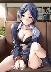 black_bra black_panties blush bondage bra breasts cleavage clothing female hayami_kanade oimo open_shirt panties pantsu pussy_juice seifuku shirt short_hair skirt skirt_lift the_idolm@ster the_idolm@ster_cinderella_girls