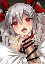 1boy :d admiral_(azur_lane) artist_name azur_lane bangs bare_shoulders blush breasts censored cum cum_in_mouth cum_on_face detached_collar detached_sleeves eyebrows_visible_through_hair facial female foreshortening from_above go-it hair_between_eyes hair_ribbon hand_up headgear index_finger_raised long_hair long_sleeves motion_lines necktie open_fly open_mouth pants penis red_eyes red_neckwear red_ribbon ribbon saliva signature silver_hair sitting slit_pupils small_breasts smile solo_focus spread_legs teeth tongue tongue_out trembling tsurime twintails uvula vampire_(azur_lane) watermark web_address white_pants