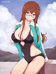 big_breasts brown_hair glasses kuromukuro swimsuit