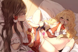 2girls areolae ascot bar_censor bare_shoulders blonde_hair blush bottomless breasts brown_hair censored chocolate_hair commentary egg_vibrator frills hair_tubes hand_holding has_uncensored_version long_hair looking_at_another lying marisa_kirisame medium_breasts multiple_girls nipples no_hat no_headwear on_back open_clothes pillow piyokichi red_eyes reimu_hakurei revision small_breasts smelling spread_legs touhou tribadism vibrator white_legwear yellow_eyes yellow_neckwear yuri