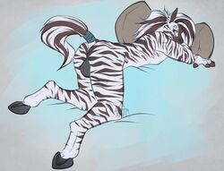 2017 anthro aspenbear ass backsack balls bed digital_media_(artwork) equine fur hair hi_res hooves horse long_hair male male_only mammal multicolored_fur nude perineum pillow presenting presenting_hindquarters sabo_punk simple_background smile solo stripes white_fur white_hair zebra