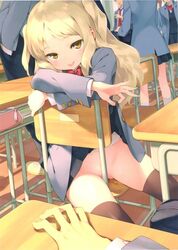 :p artist_request blonde_hair character_request classroom copyright_request exhibitionism gayarou lifted_by_self no_panties pussy_juice school_uniform skirt skirt_lift solo_focus tagme thighhighs tongue tongue_out yellow_eyes