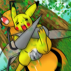 1boy ambiguous_gender beedrill female feral furry interspecies nintendo penetration pikachu pokémon_(species) pokemon pussy sex spread_legs spreading vaginal_penetration video_games