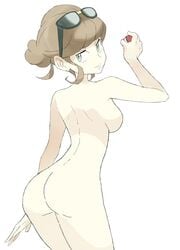 ass beauty_(pokemon) beauty_(pokemon_xy) breasts brown_hair edit female glasses green_eyes looking_at_viewer looking_back nintendo npc_trainer nude nude_filter photoshop poke_ball pokemon pokemon_xy short_hair solo souji source_request sunglasses white_background