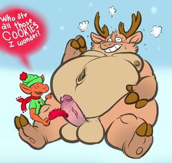 anthro antlers balls belly big_belly blush cervine christmas closed_eyes deep_navel duo english_text feathers holidays horn humanoid_penis male male_focus male_only mammal navel nude overweight overweight_male penis precum reindeer size_difference solo_focus teeth text tickling tickling_penis vein veiny_penis yagi-no-baka