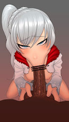 1boy :>= bar_censor blush breasts caressing_testicles censored clothed_sex dark-skinned_male dark_skin erection fellatio female interracial large_penis looking_at_viewer nipples oral penis ponytail pov rimviolet rolling_eyes rwby saliva sex straight sucking testicles vale_outfit weiss_schnee weiss_schnee_(vale) white_hair