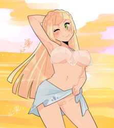 1girls arm_behind_head arm_up armpits bikini blonde_hair blush braid breasts cloud female female_only french_braid green_eyes human irukibo large_breasts legs_apart lifted_by_self lillie_(pokemon) long_hair looking_at_viewer molchuuniya navel nintendo nipples ocean one_eye_closed orange_sky outdoors pokemon pokemon_sm pubic_hair pussy sarong sarong_lift see-through signature simple_background skirt_lift sky smile solo standing swimsuit text tied_hair translation_request uncensored water wink yellow_background