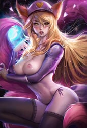 ahri animal_ears breasts league_of_legends nipples no_bra open_shirt pantsu popstar_ahri sakimichan string_panties tail thighhighs vastaya