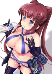 alternate_hairstyle armor bangs bare_shoulders black_gloves black_legwear black_panties blue_eyes blunt_bangs blush bottle breasts cosplay criss-cross_halter cum cum_drinking cum_in_bottle cum_in_container cum_in_mouth cum_on_body cum_on_breasts cum_on_upper_body dungeon_travelers_2 elbow_gloves female gloves halterneck highres japanese_armor katana kishimen kousaka_tamaki kousaka_tamaki_(cosplay) large_breasts long_hair micro_panties mole mole_on_breast new_game! nipples panties parted_lips purple_hair sidelocks solo sword takimoto_hifumi thighhighs to_heart_(series) to_heart_2 two_side_up underwear very_long_hair weapon