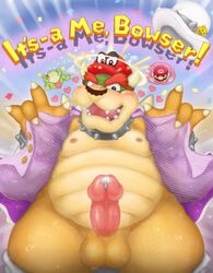 2017 amphibian anthro balls belly better_version_at_source big_belly blue_eyes blush bottomless bowser cappy_(mario) censor_bar censored claws clothed clothing collar confetti cum edit erection facial_hair flashing frog green_scales hat heart horn humanoid_penis koopa male male_only mario mario_(series) moustache nintendo nipples open_mouth open_shirt penis possession precum presenting reptile reuben_(artist) scales scalie shirt smile solo spiked_armlet spiked_collar spikes standing super_mario_odyssey undressing video_games yellow_scales