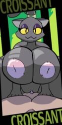 2017 animated anthro big_breasts breasts cowgirl_position croissant_(plaga) duo feline female female_focus first_person_view gif huge_breasts looking_at_viewer male male_human/female_anthro male_pov mammal nipples original original_character plaga pov pussy sex straight text thick_thighs