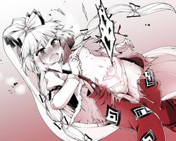 areolae ascot bangs blush bow breasts collared_shirt commentary_request cowboy_shot drooling dutch_angle eyebrows_visible_through_hair female fujiwara_no_mokou fuurisuto gradient gradient_background hairbow heart heart_tattoo high_ponytail highres juliet_sleeves knees_together_feet_apart long_hair long_sleeves monochrome navel nipples nose_blush open_mouth panties pants pubic_tattoo puffy_sleeves saliva shirt small_breasts solo suspenders sweat tattoo tears torn_clothes torn_pants torn_shirt touhou trembling underwear very_long_hair